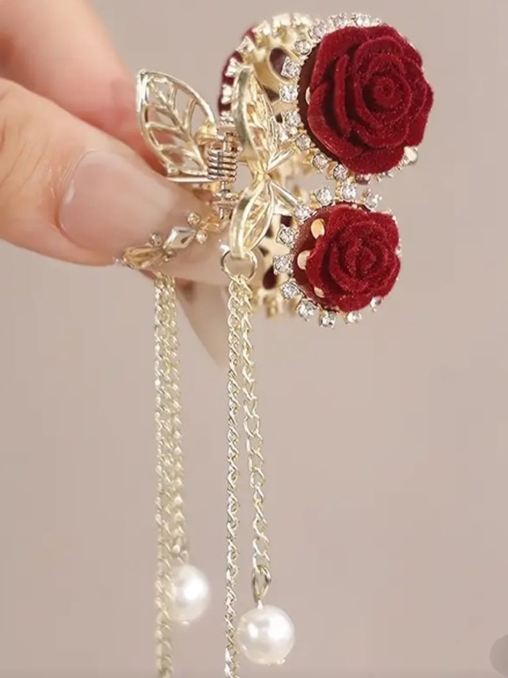 Velvet Rose Gold-Tone Hair Clip with Dangle Pearls - Burgundy - Picture 2 of 5